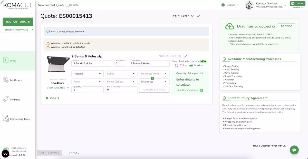 Komacut’s instant quoting platform, allowing users to choose between production in Mexico or China for maximum flexibility.