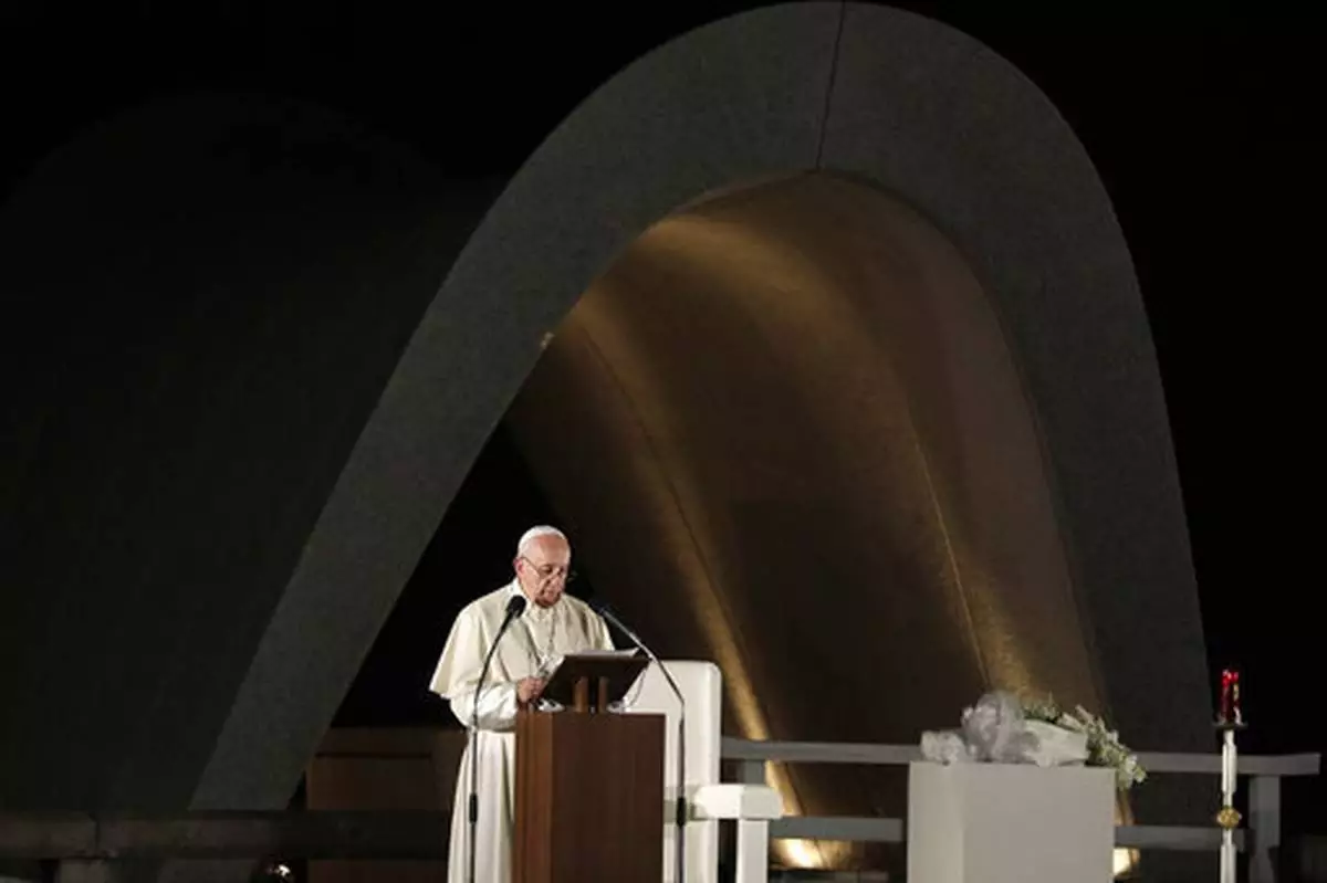FILE - In this Nov. 24, 2019 file photo, Pope Francis delivers a speech in front of the Memorial Cenotaph at Hiroshima Peace Memorial Park in Hiroshima, western Japan. (AP Photo/Gregorio Borgia, file)