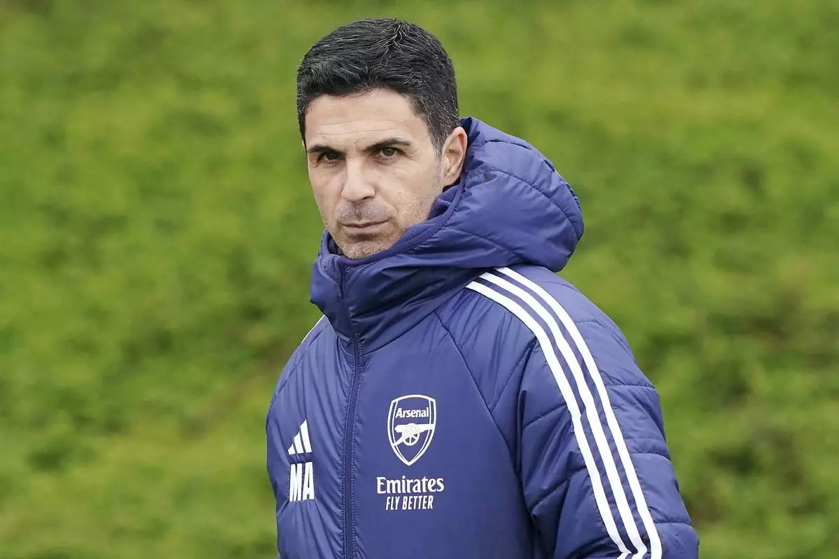 Arsenal manager Mikel Arteta during a training session in London, England, Tuesday, April 15, 2025, ahead of the Champions League soccer match between Real Madrid and Arsenal London. (Jonathan Brady/PA via AP)