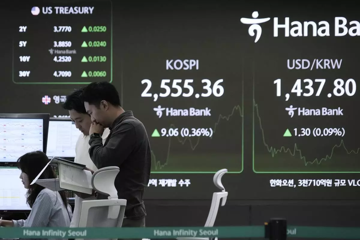 Currency traders work near a screen showing the Korea Composite Stock Price Index (KOSPI) and the foreign exchange rate between U.S. dollar and South Korean won, top right, at the foreign exchange dealing room of the KEB Hana Bank headquarters in Seoul, South Korea, Monday, April 28, 2025. (AP Photo/Ahn Young-joon)