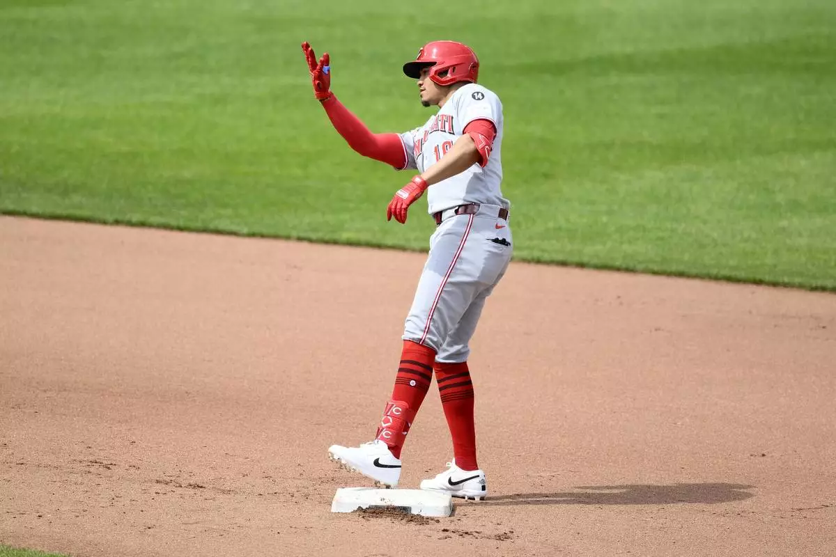 Cincinnati Reds' Noelvi Marte reacts at second base after he doubled during the fourth inning of a baseball game against the Baltimore Orioles, Sunday, April 20, 2025, in Baltimore. (AP Photo/Nick Wass)