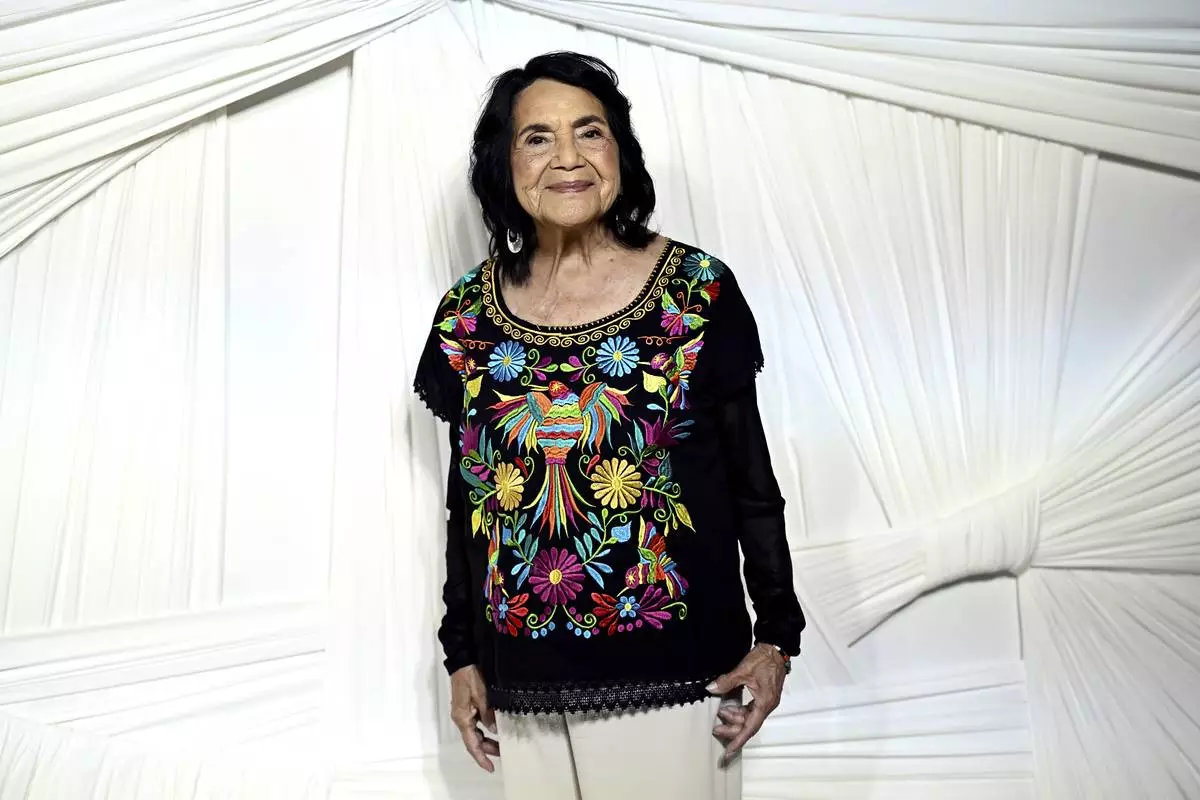 FILE - Honoree Dolores Huerta attends The Albies hosted by the Clooney Foundation for Justice at the New York Public Library on Thursday, Sept. 26, 2024, in New York. (Photo by Evan Agostini/Invision/AP, file)