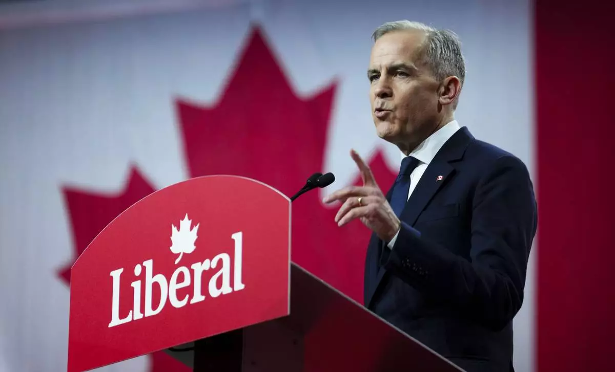 FILE - Liberal Party of Canada Leader Mark Carney delivers his speech after being announced as the winner of the party leadership in Ottawa, Ontario, March 9, 2025. (Sean Kilpatrick/The Canadian Press via AP, File)