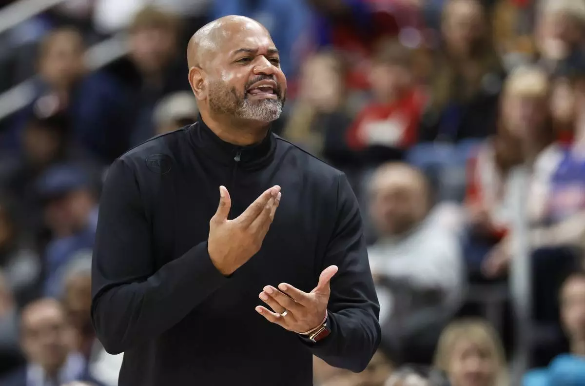 Detroit Pistons head coach J.B. Bickerstaff shouts at an official during the first half of an NBA basketball game against the New York Knicks, Thursday, April 10, 2025, in Detroit. (AP Photo/Duane Burleson)