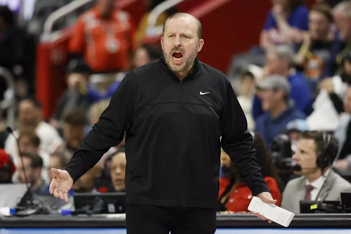 New York Knicks head coach Tom Thibodeau shouts at an official during the first half of an NBA basketball game against the Detroit Pistons, Thursday, April 10, 2025, in Detroit. (AP Photo/Duane Burleson)