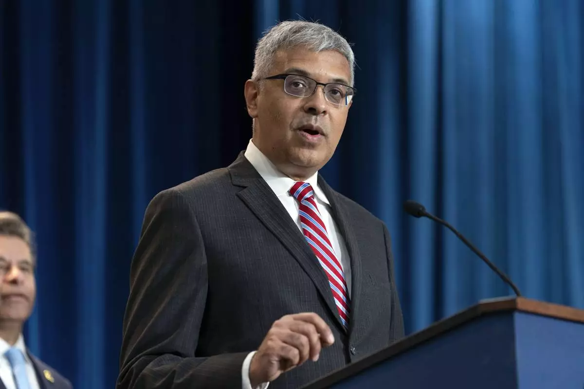 Director of the National Institutes of Health Jay Bhattacharya speaks during a news conference on the FDA's intent to phase out the use of petroleum-based synthetic dyes in the nation's food supply at the Hubert Humphrey Building Auditorium in Washington, Tuesday, April 22, 2025. (AP Photo/Jose Luis Magana)
