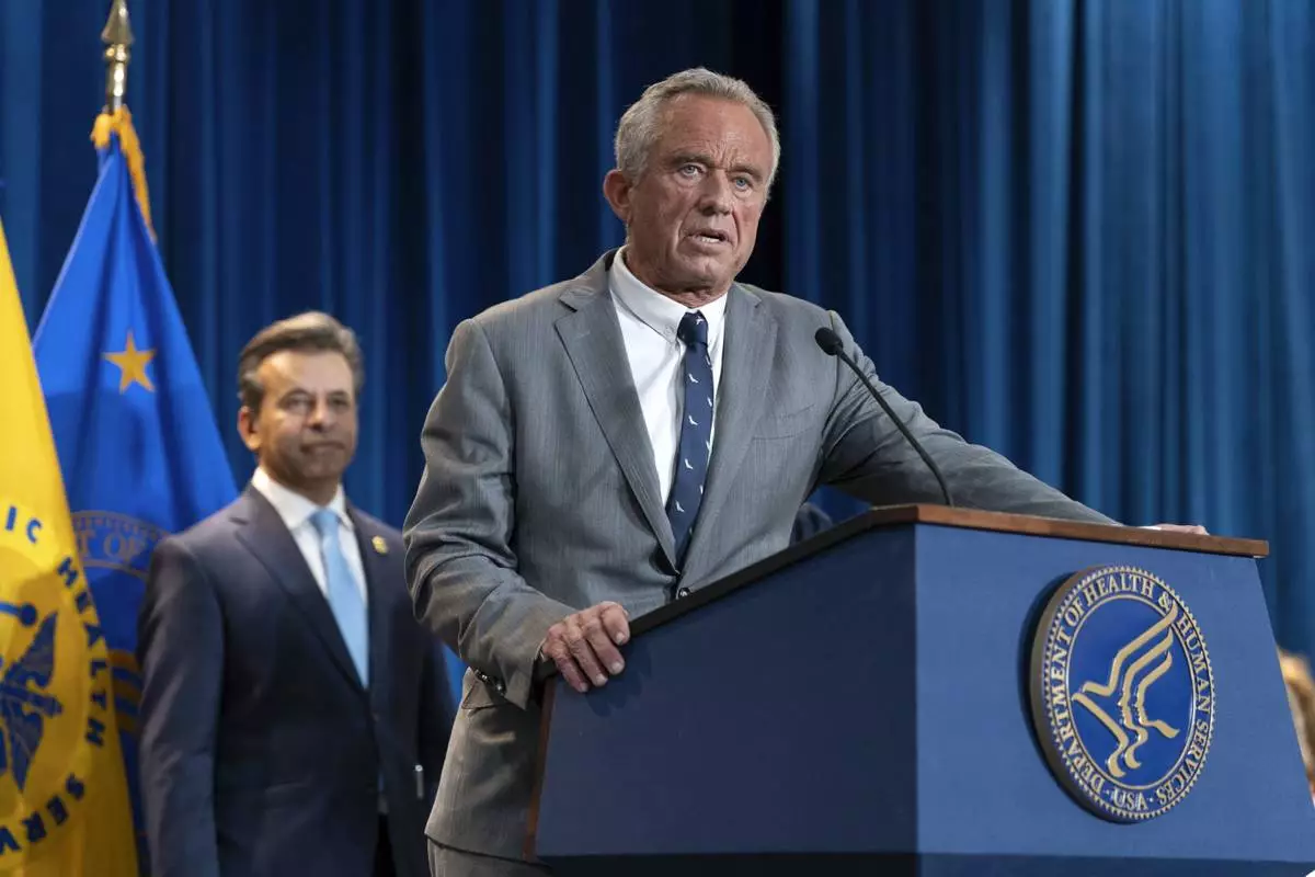 Health and Human Services Secretary Robert F. Kennedy Jr. speaks during a news conference on the FDA's intent to phase out the use of petroleum-based synthetic dyes in the nation's food supply at the Hubert Humphrey Building Auditorium in Washington, Tuesday, April 22, 2025. (AP Photo/Jose Luis Magana)