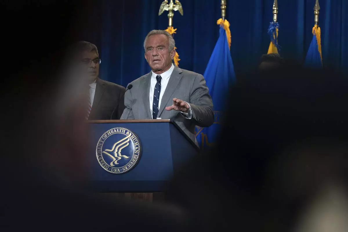 Health and Human Services Secretary Robert F. Kennedy Jr. speaks during a news conference on the FDA's intent to phase out the use of petroleum-based synthetic dyes in the nation's food supply at the Hubert Humphrey Building Auditorium in Washington, Tuesday, April 22, 2025. (AP Photo/Jose Luis Magana)