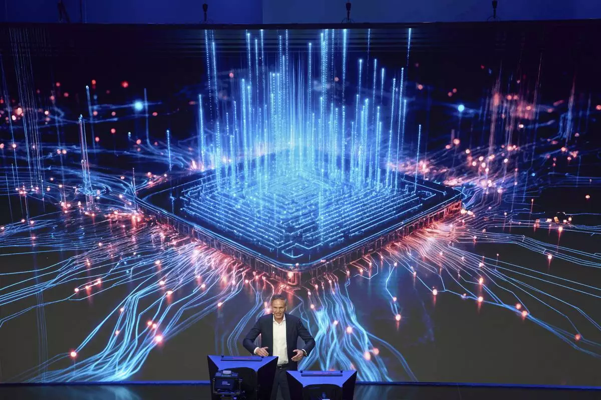 Olive Blume, Chairman of the Board of Management of Volkswagen Group, speaks during a media night ahead of the Auto Show in Shanghai, Tuesday, April 22, 2025. (AP Photo/Ng Han Guan)