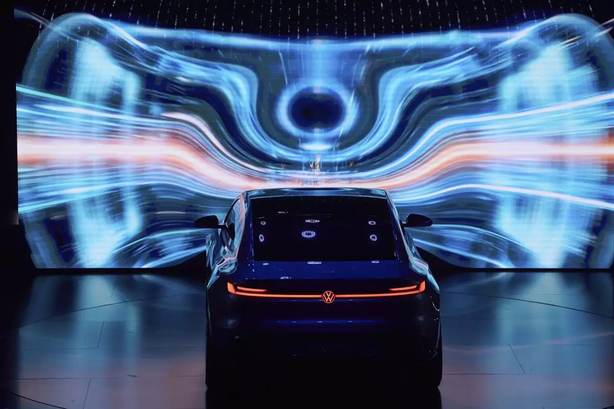 A concept car is shown during the Volkswagen Group media night ahead of the Auto Show in Shanghai, Tuesday, April 22, 2025. (AP Photo/Ng Han Guan)