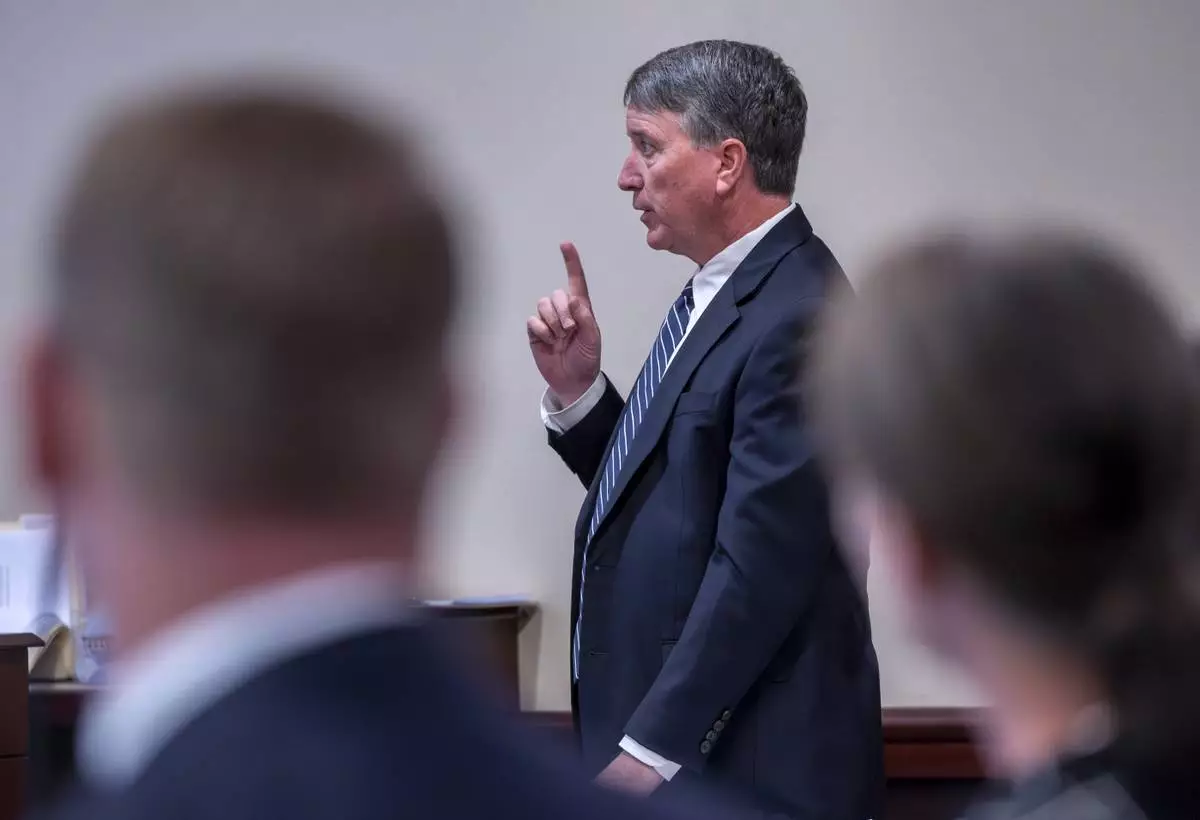 Gregory P. Williams, an attorney for The Associated Press, CBS News and CBS Studios, argues against an injunction to prevent the release of photos and other evidence related to the death of the actor Gene Hackmans and his wife Betsy Arakawa Hackman last month, during a court hearing in Santa Fe, N.M., Monday, March 31, 2025. (Eddie Moore/The Albuquerque Journal via AP)