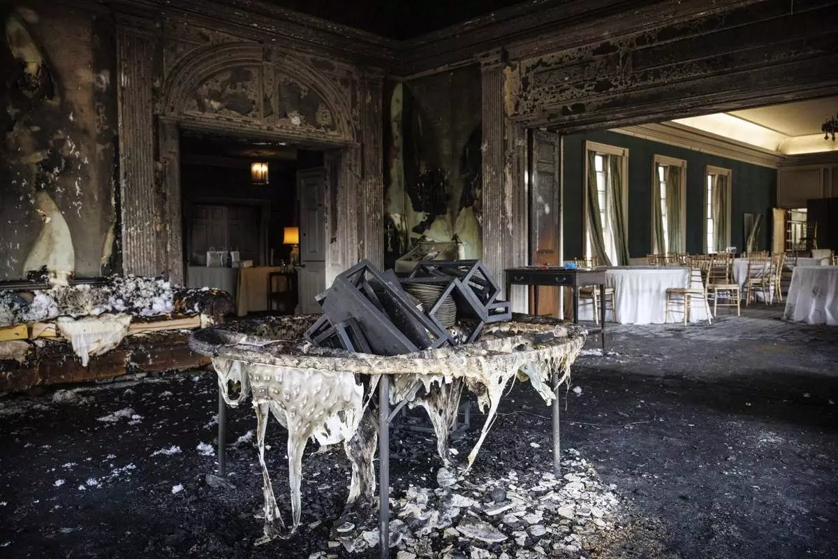 This image provided by Commonwealth Media Services shows damage after a fire at the Pennsylvania governor’s mansion while Democratic Gov. Josh Shapiro and his family slept inside on Sunday, April 13, 2025, in Harrisburg, Pa. (Commonwealth Media Services via AP)