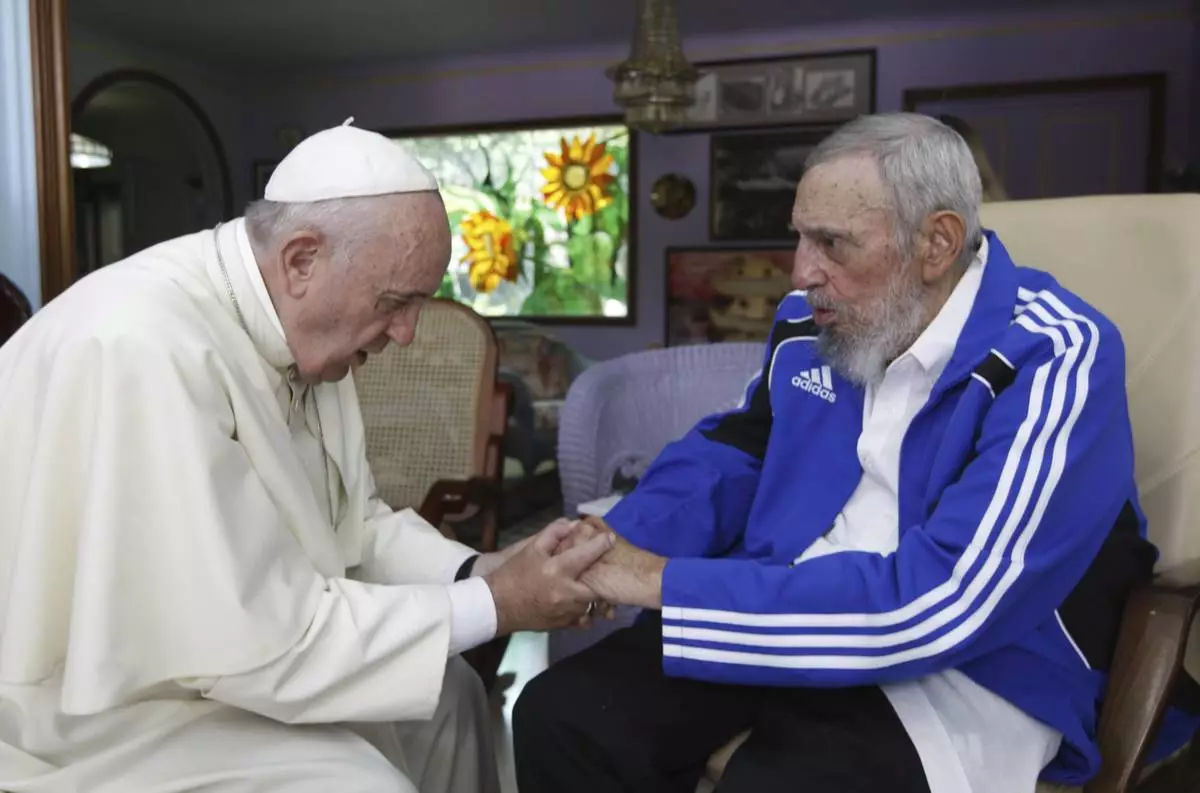 FILE - Pope Francis, left, meets Fidel Castro in Havana, Cuba, Sunday, Sept. 20, 2015. (AP Photo/Alex Castro, file)
