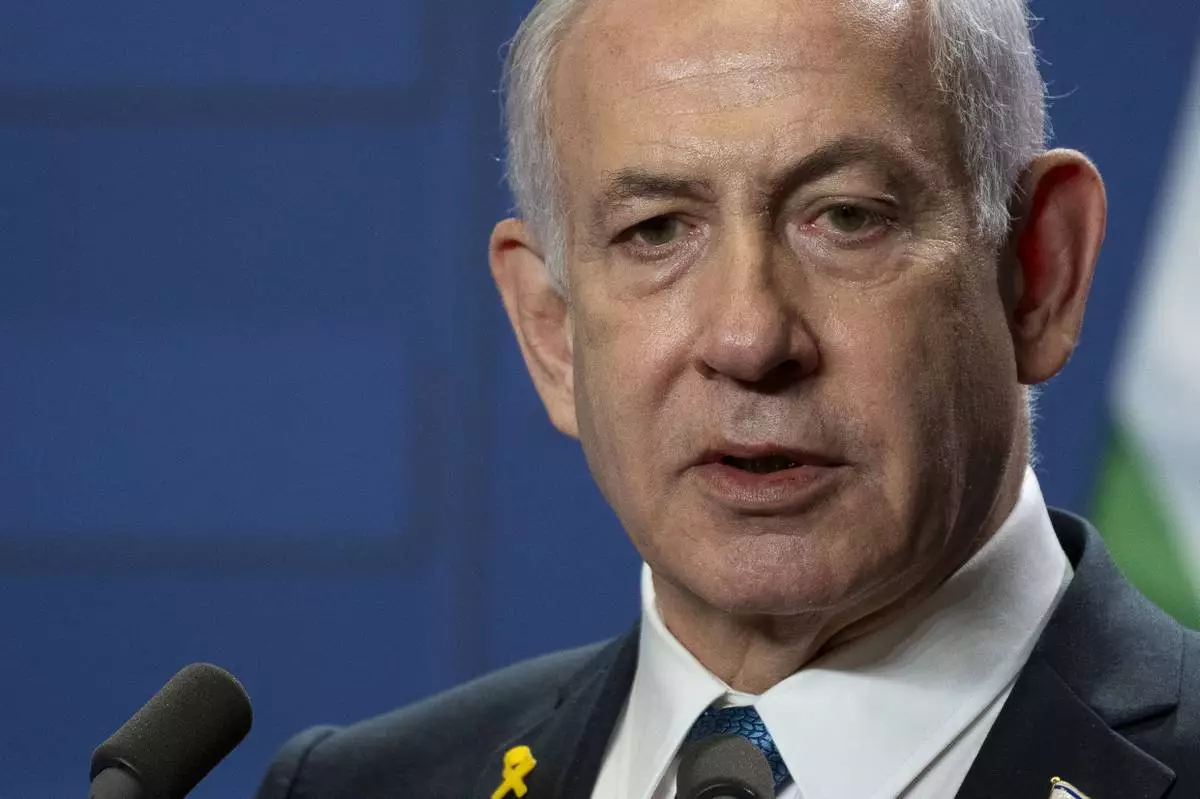 Israeli Prime Minister Benjamin Netanyahu speaks during a press statement at the Carmelite Monastery in the Buda Castle in Budapest, Hungary, Thursday, April 3, 2025. (AP Photo/Denes Erdos)