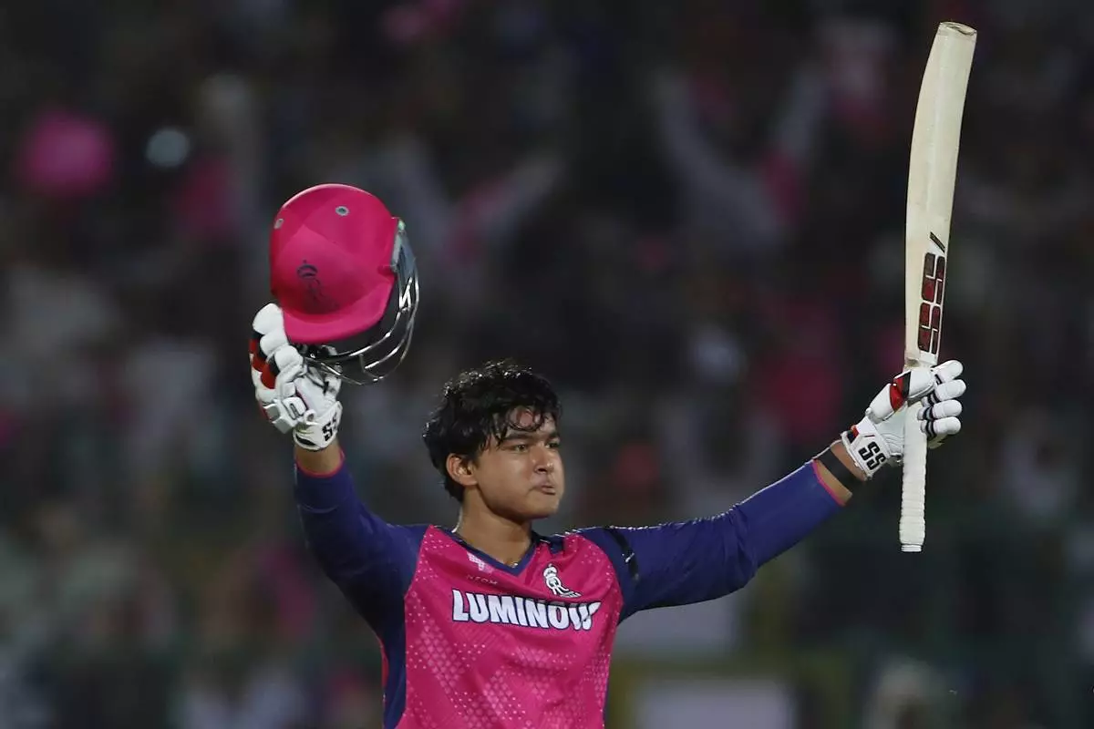 Rajasthan Royals' Vaibhav Suryavanshi celebrates after scoring a century during the Indian Premier League cricket match between Rajasthan Royals and Gujarat Titans at Sawai Mansingh Stadium in Jaipur, India, Monday, April 28, 2025. (AP Photo/Surjeet Yadav)