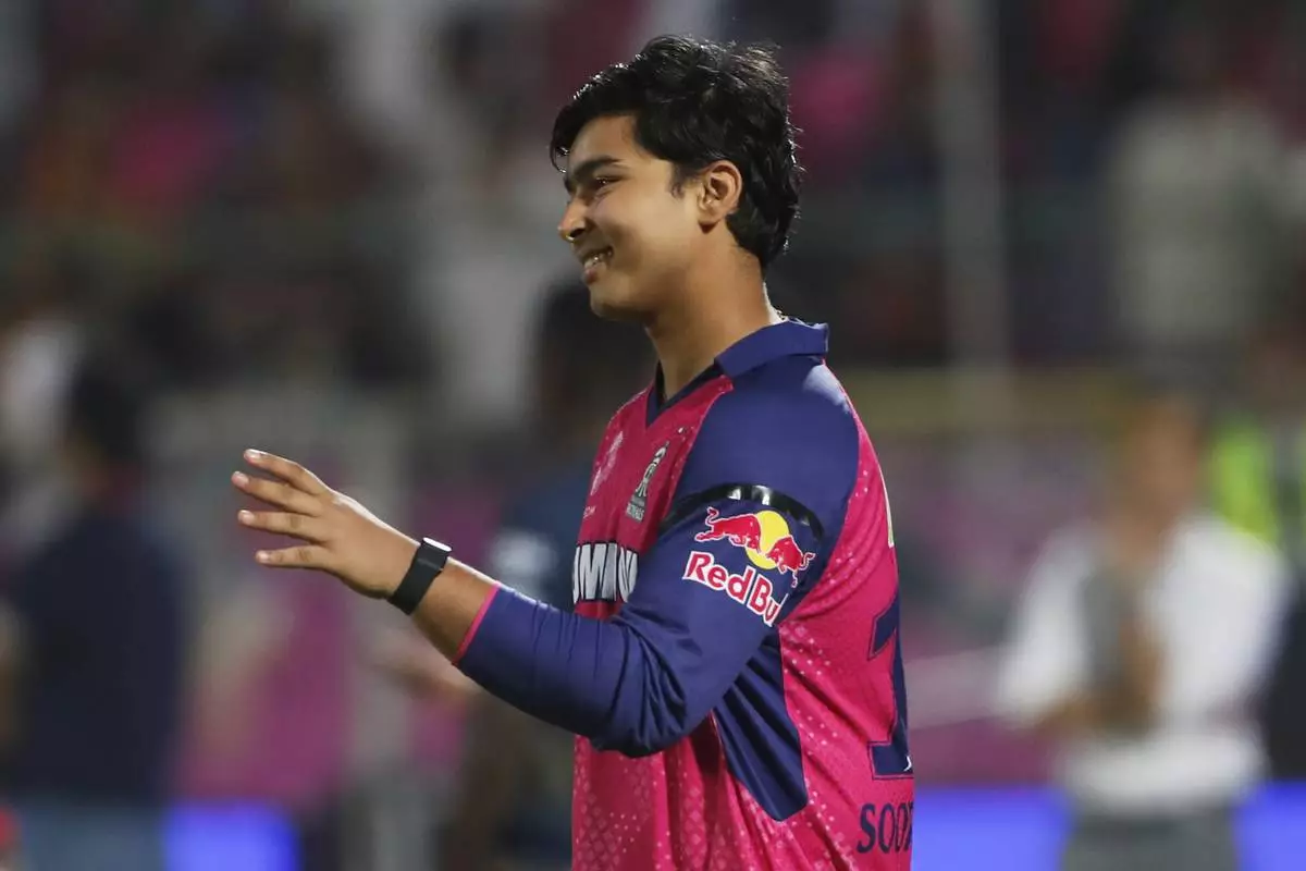 Rajasthan Royals' Vaibhav Suryavanshi reacts after their win in the Indian Premier League cricket match against Gujarat Titans at Sawai Mansingh Stadium in Jaipur, India, Monday, April 28, 2025. (AP Photo/Surjeet Yadav)