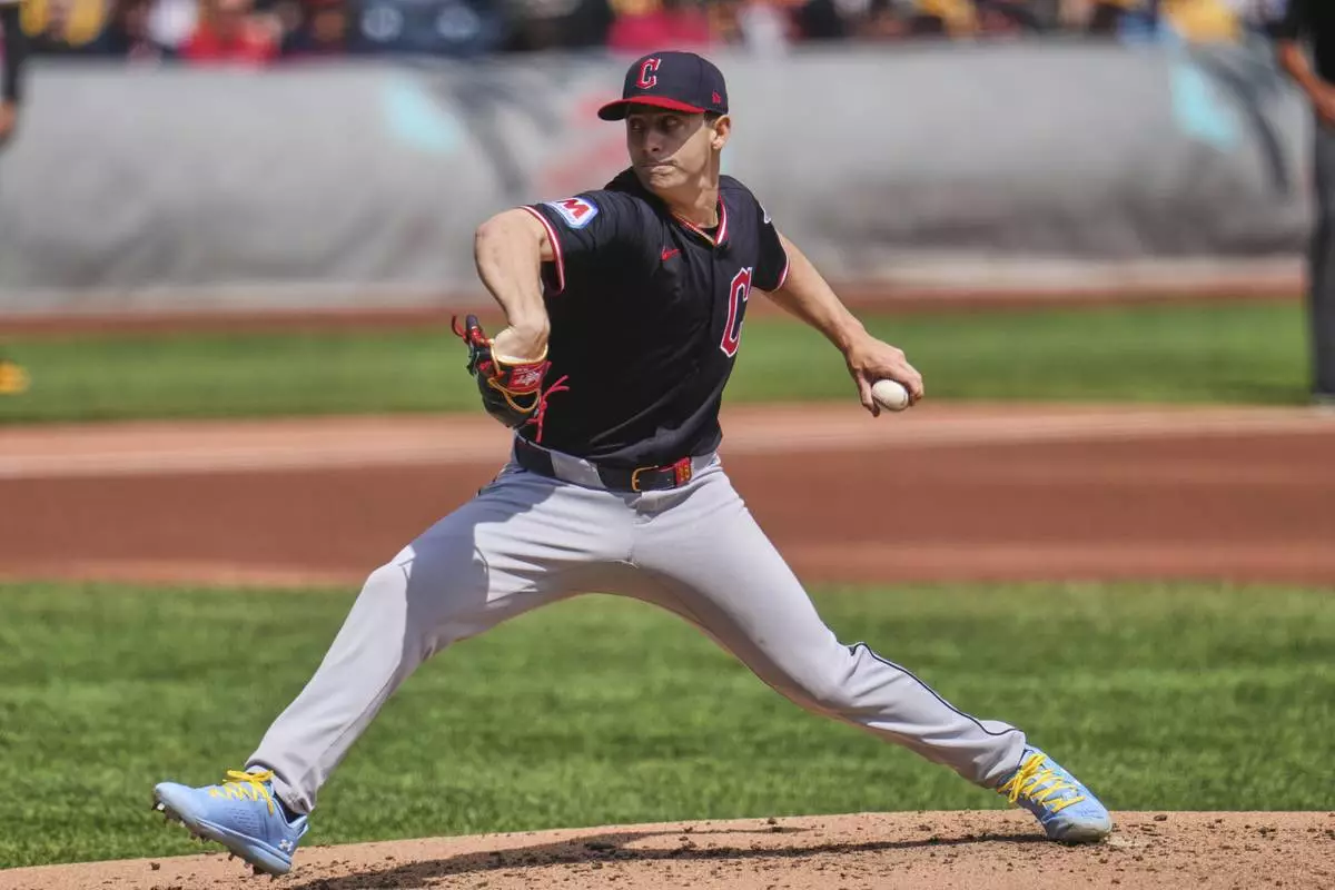 Cleveland Guardians pitcher Logan Allen delivers during the first inning of a baseball game against the Pittsburgh Pirates in Pittsburgh, Sunday, April 20, 2025. (AP Photo/Gene J. Puskar)