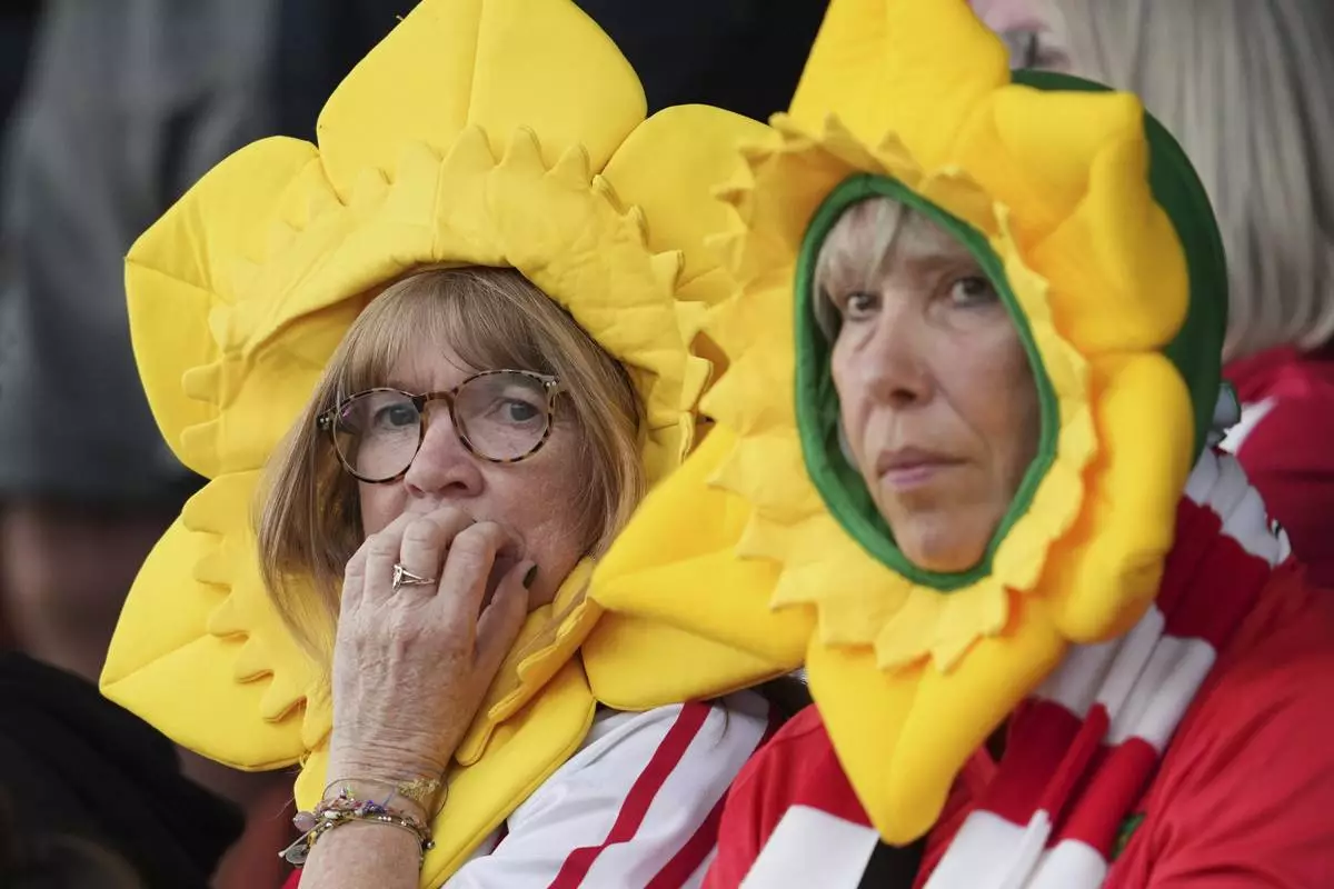 Wrexham fans watch the English League One soccer match between Wrexham and Charlton Athletic at the Racecourse ground in Wrexham, Wales, Saturday, April 26, 2025. (AP Photo/Jon Super)