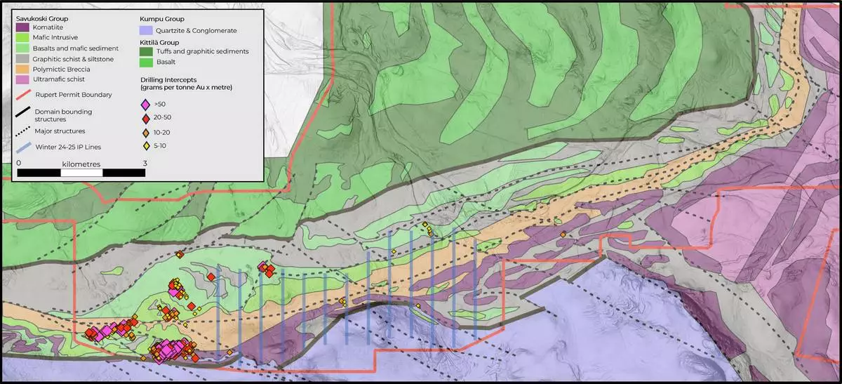 Figure 3. Geological Map centred on the Rajala Structure showing the location of IP lines referred to in the press release.