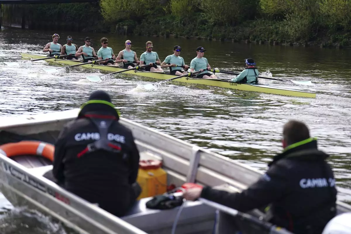 The Cambridge University Men's Boat Team during a training session on the River Thames in London, Tuesday, April 8, 2025. (Zac Goodwin/PA via AP)