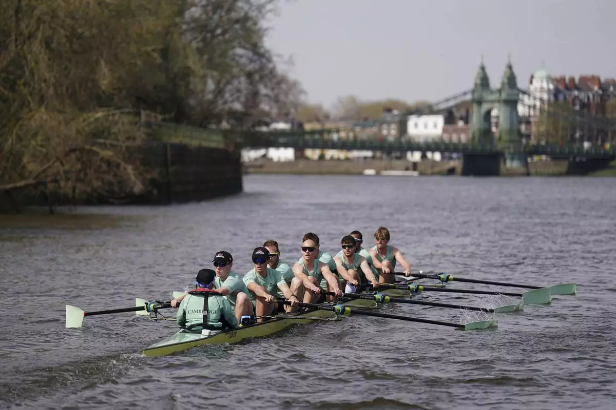The Cambridge University Men's Boat Team during a training session on the River Thames in London, Tuesday, April 8, 2025. (Zac Goodwin/PA via AP)