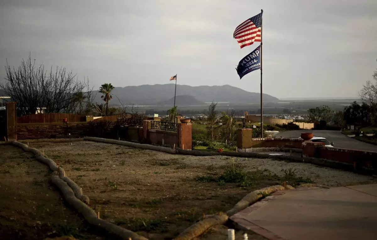 Flags fly along Esteban Drive after the Mountain Fire burned through the area Wednesday, April 16, 2025, in Camarillo, Calif. (AP Photo/Wally Skalij)