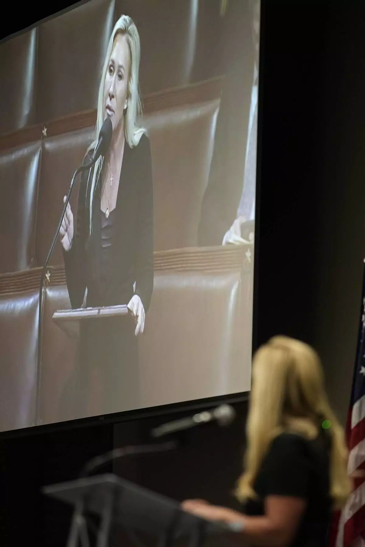 Rep. Marjorie Taylor Greene, R-Ga., speaks during a town-hall style meeting, Tuesday, April 15, 2025, in Acworth, Ga. (AP Photo/Mike Stewart)