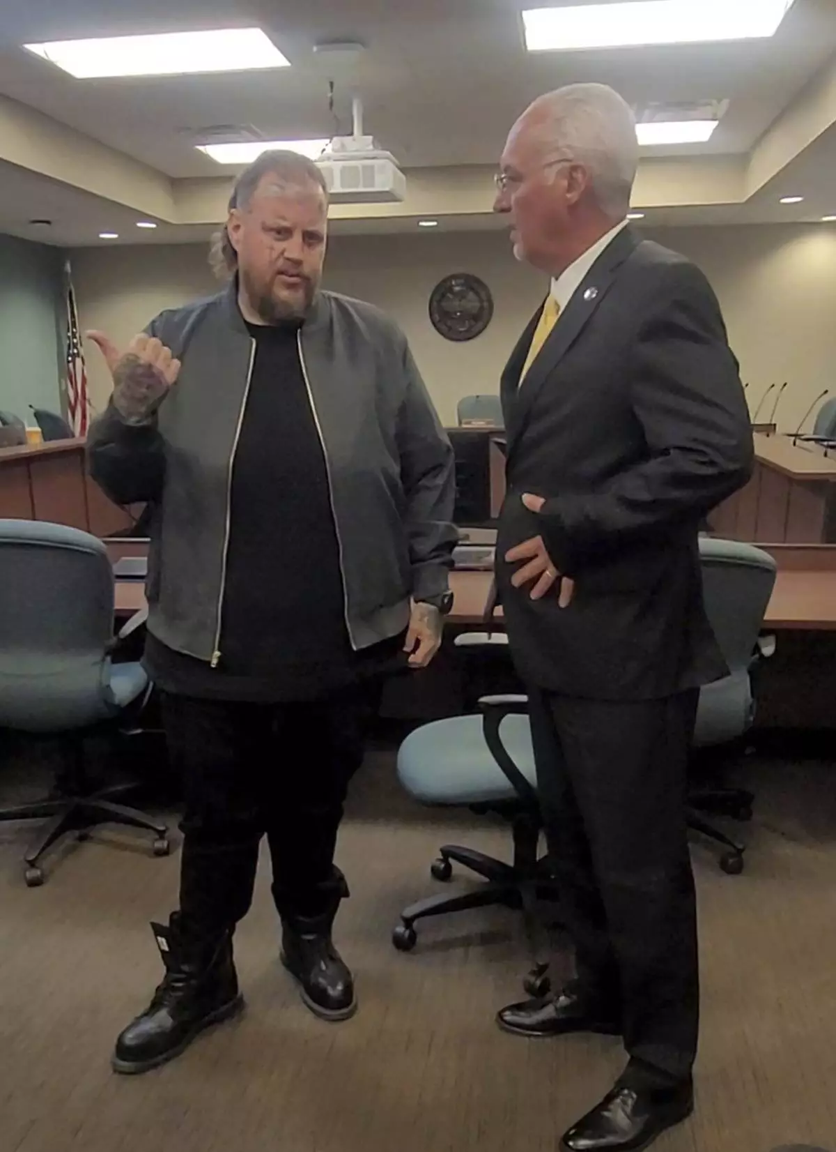 Davidson County Sheriff's Office shows singer Jelly Roll with with Nashville Sheriff Daron Hall at his Tennessee Board of Parole hearing on Tuesday, April 22, 2025 in Nashville, Tenn. (Davidson County Sheriff's Office via AP)