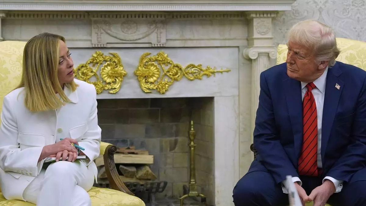 President Donald Trump meets with Italy's Prime Minister Giorgia Meloni in the Oval Office of the White House, Thursday, April 17, 2025, in Washington. (AP Photo/Alex Brandon)