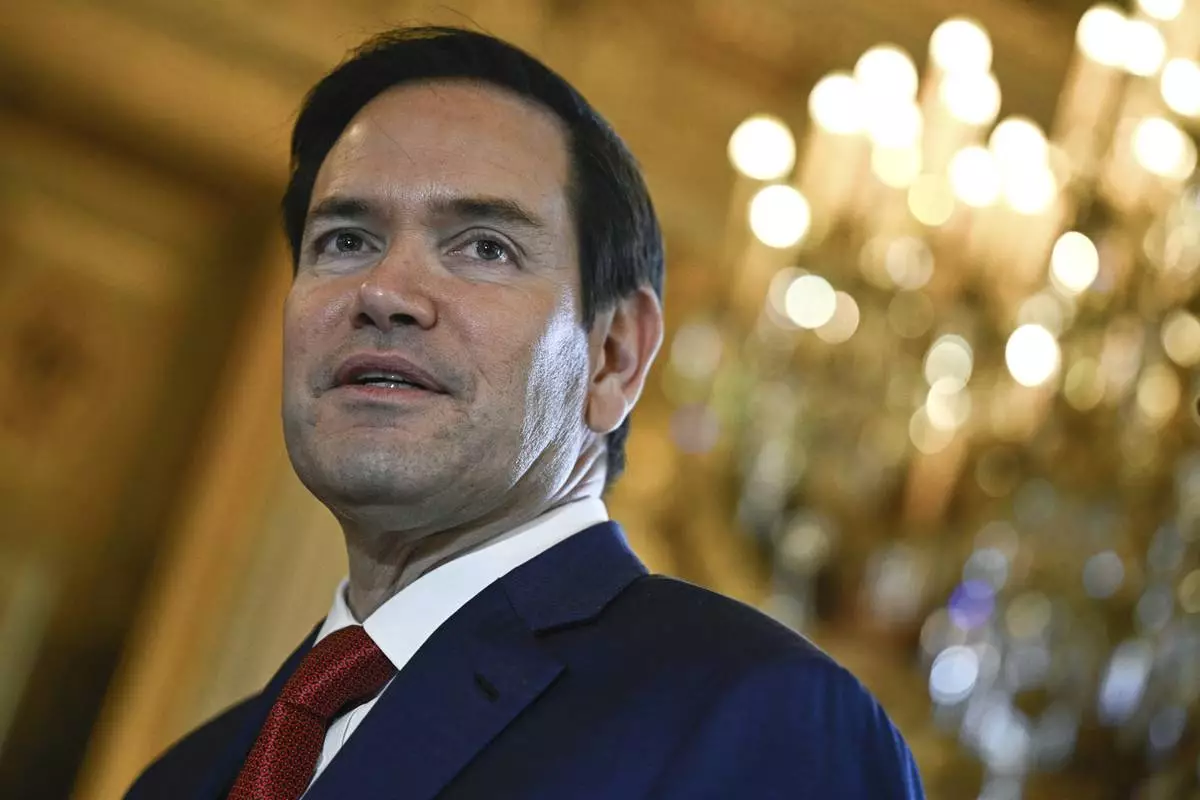 US Secretary of State Marco Rubio looks on as he arrives at the Quai d'Orsay, France's Minister of Foreign Affairs for high-level talks to discuss Ukraine and its security in Paris Thursday, April 17, 2025. (Julien de Rosa, Pool via AP)