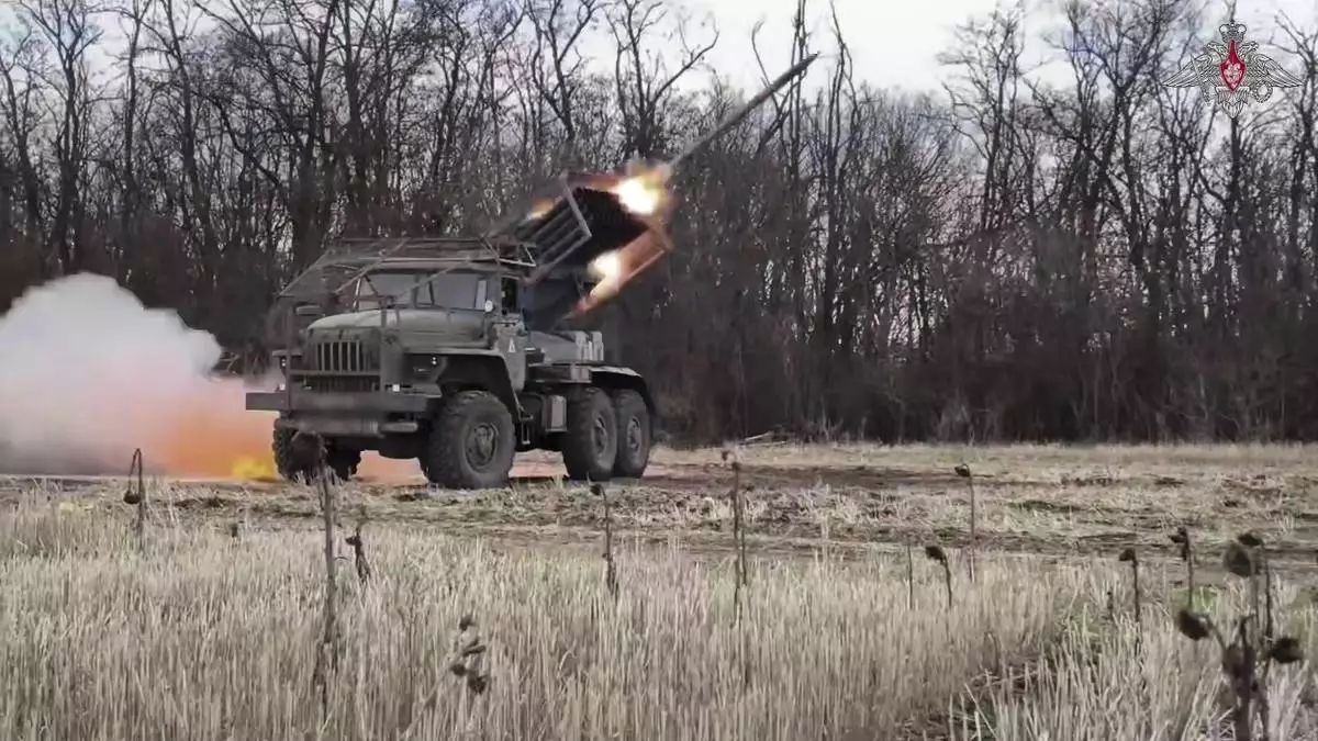 In this photo taken from video distributed by Russian Defense Ministry Press Service on Friday, April 18, 2025, the Russian BM-21 "Grad" self-propelled 122 mm multiple rocket launcher fires towards Ukrainian positions in Ukraine. (Russian Defense Ministry Press Service via AP)