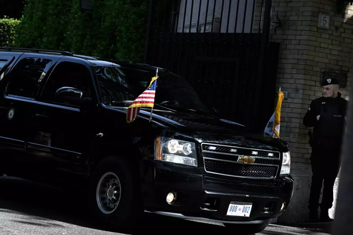 The motorcade of U.S. Vice President JD Vance departs his Vice-Presidential quarters en route to Vatican, in Rome, Italy, Saturday, April 19, 2025. (Kenny Holston/Pool Photo via AP)