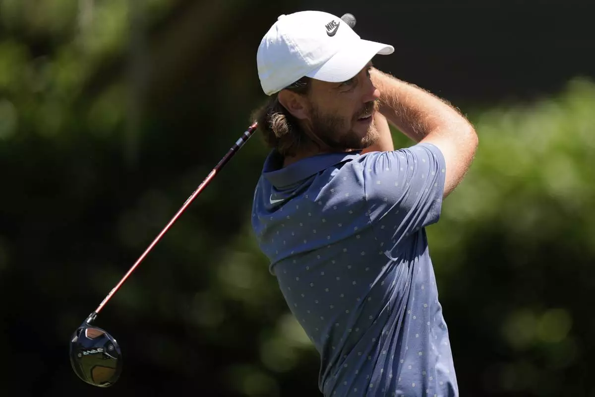 Tommy Fleetwood hits from the third hole during the third round of the RBC Heritage golf tournament, Saturday, April 19, 2025, in Hilton Head Island, S.C. (AP Photo/Mike Stewart)