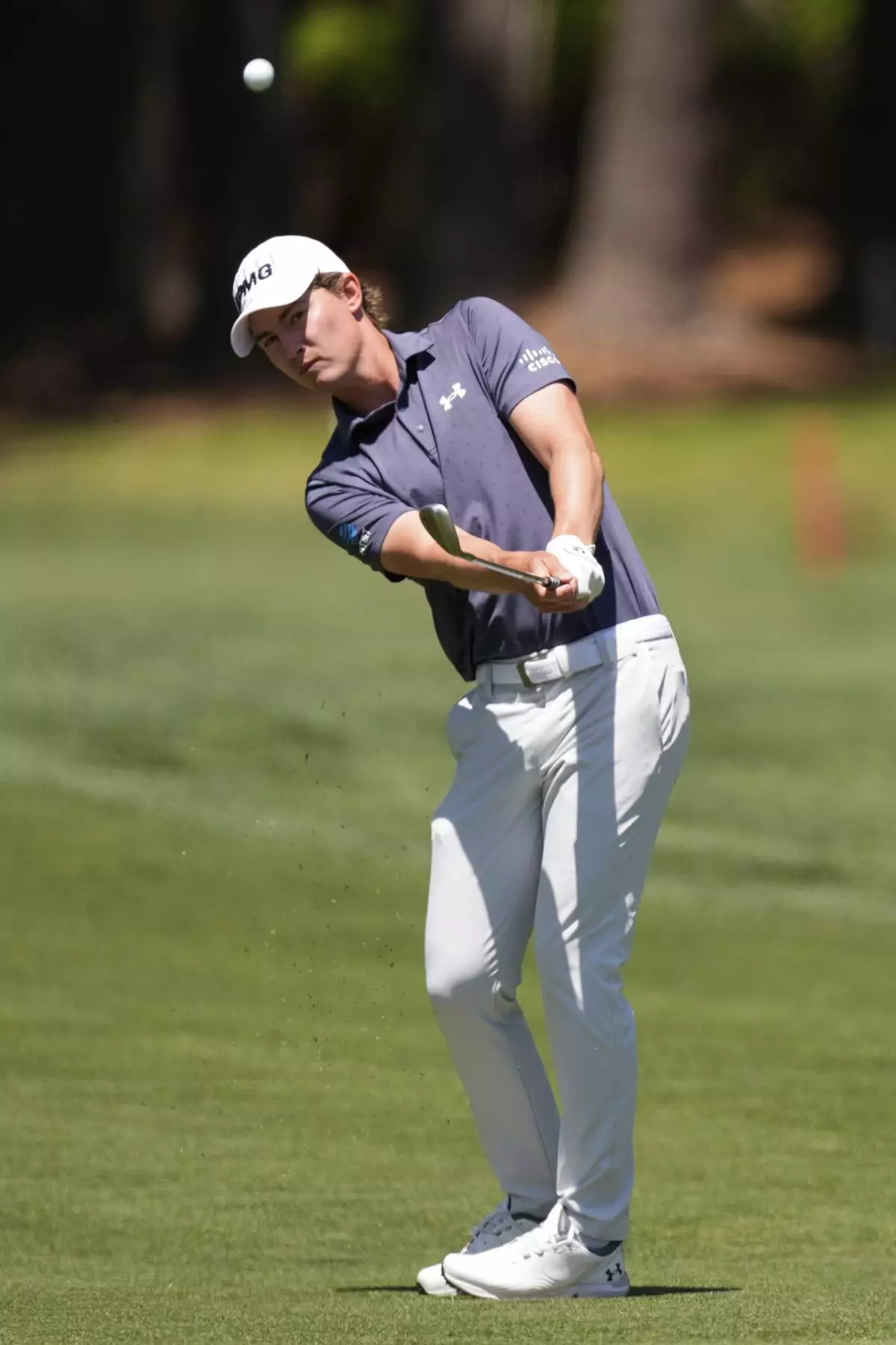 Maverick McNealy hits from the second hole during the third round of the RBC Heritage golf tournament, Saturday, April 19, 2025, in Hilton Head Island, S.C. (AP Photo/Mike Stewart)