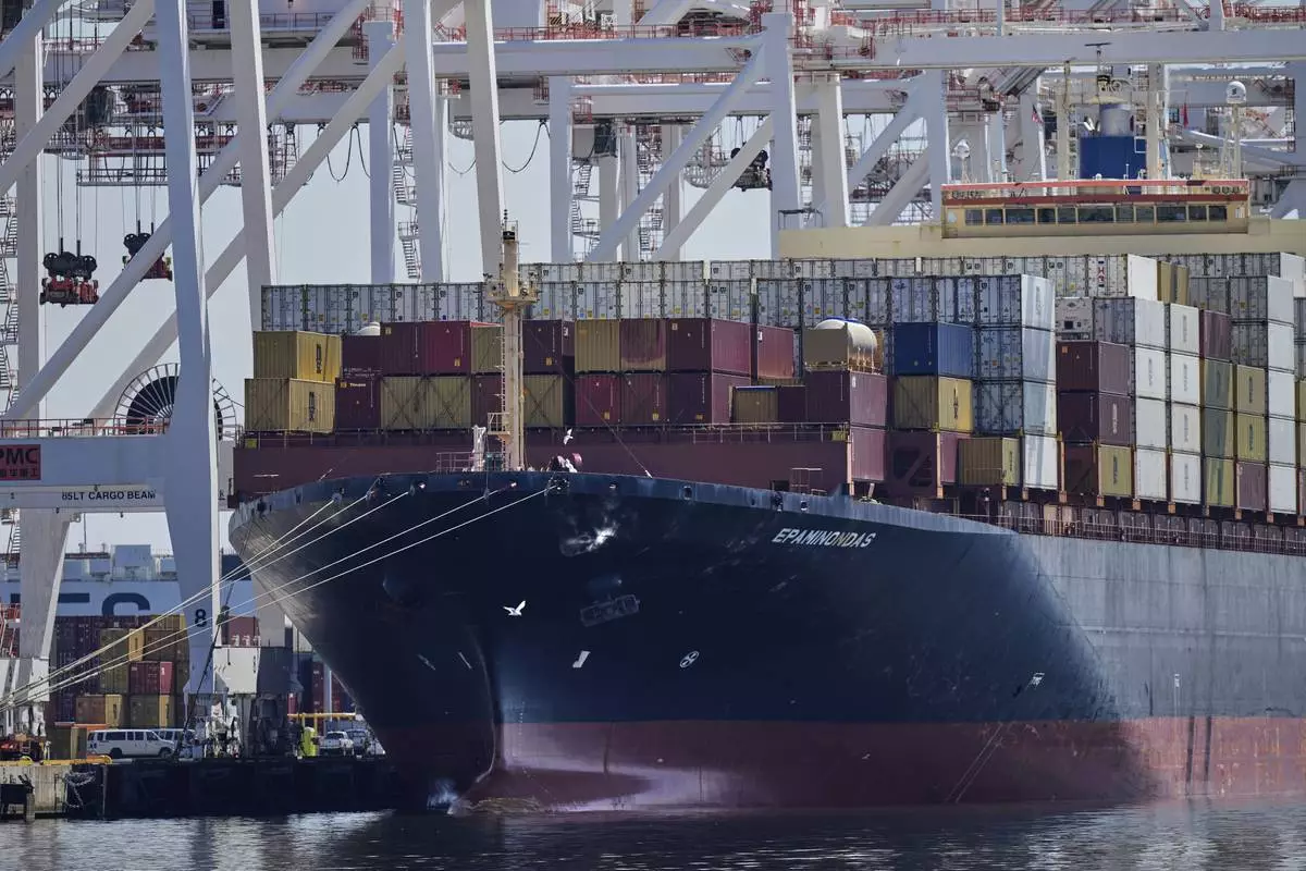 Containers are seen aboard the cargo ship Epaminondas while it is moored at the Port of Baltimore, Wednesday, April 9, 2025, in Baltimore. (AP Photo/Stephanie Scarbrough)
