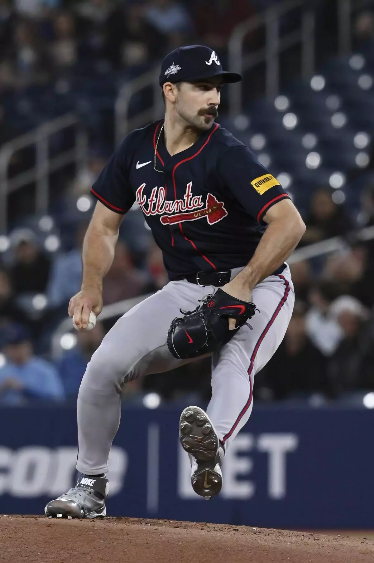 Atlanta Braves starting pitcher Spencer Strider (99) throws to a Toronto Blue Jays batter in first inning baseball action in Toronto on Wednesday, April 16, 2025. (Jon Blacker/The Canadian Press via AP)