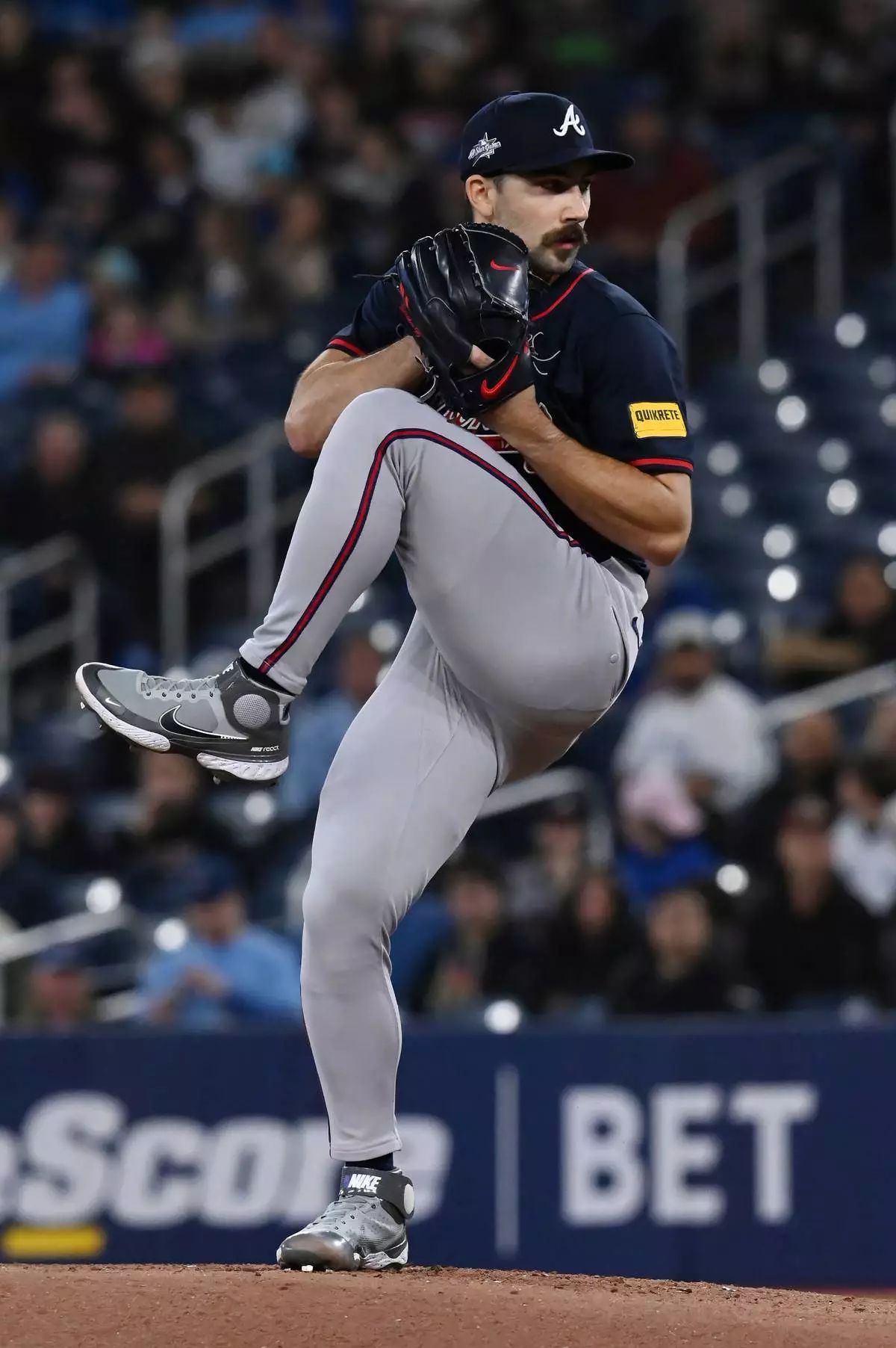 Atlanta Braves starting pitcher Spencer Strider (99) throws to a Toronto Blue Jays batter in the first inning of an interleague baseball game in Toronto, Wednesday, April 16, 2025. (Jon Blacker/The Canadian Press via AP)