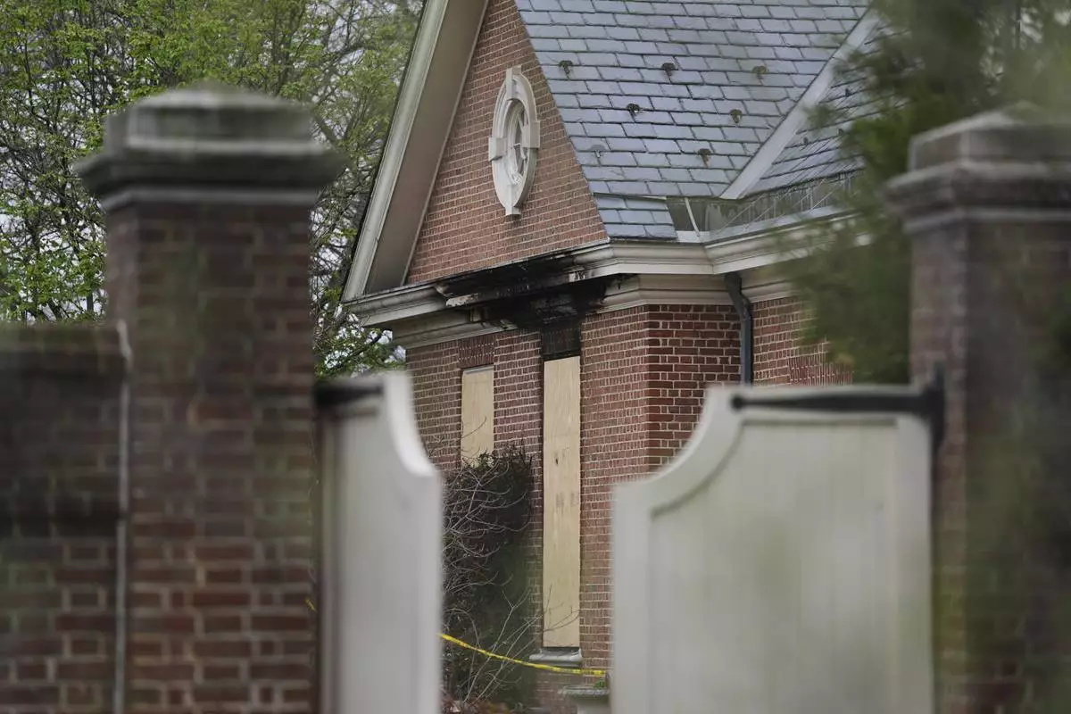 The aftermath of a fire can be seen at Pennsylvania governor's official residence in Harrisburg, Pa., Monday, April 14, 2025. (AP Photo/Matt Rourke)