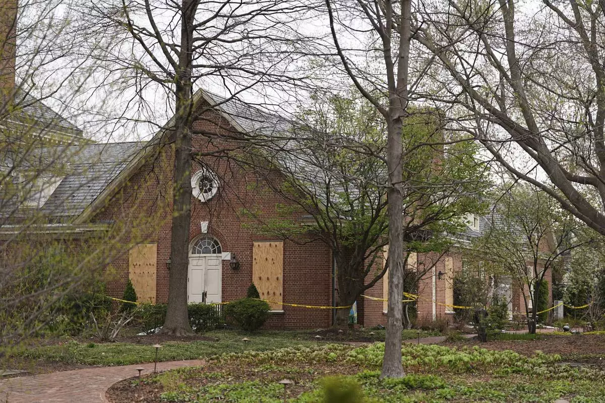 The aftermath of a fire can be seen at Pennsylvania governor's official residence in Harrisburg, Pa., Monday, April 14, 2025. (AP Photo/Matt Rourke)