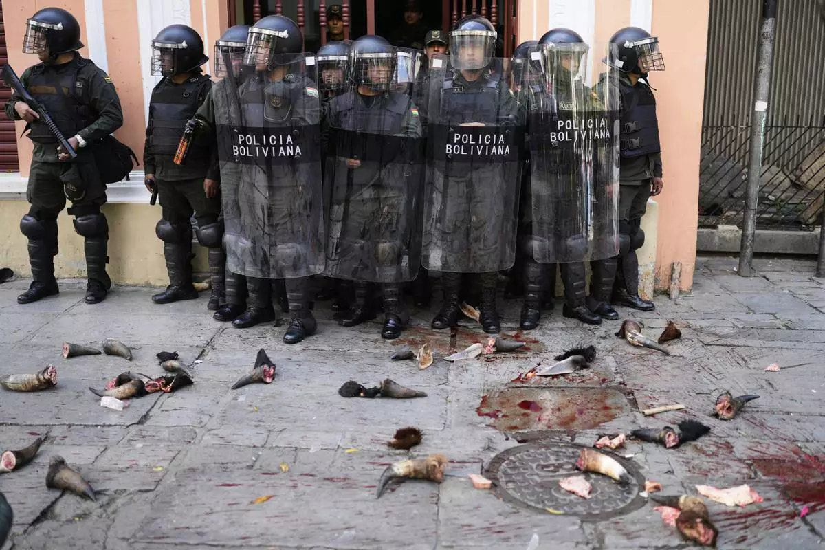 Police guard a Ministry of Justice entrance strewn with cow horns thrown by butchers demanding the government regulate the meat prices of their suppliers, in La Paz, Bolivia, April 10, 2025. (AP Photo/Juan Karita)