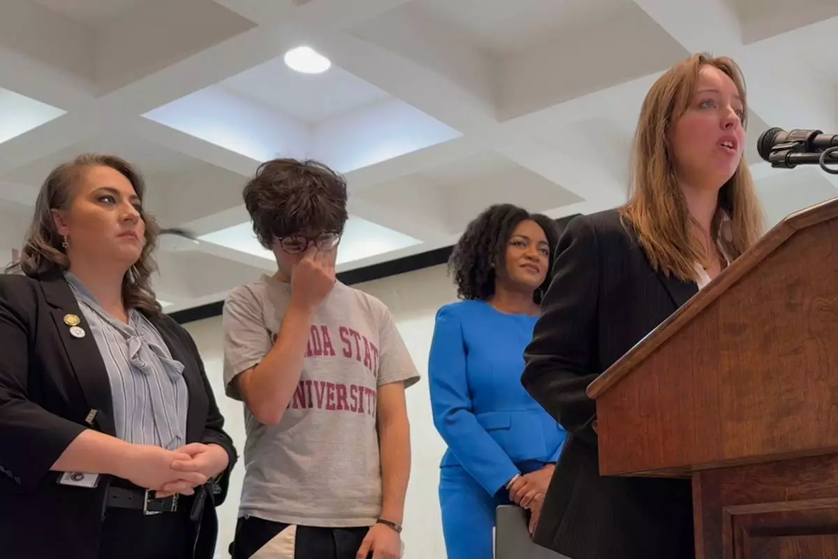Madalyn Propst, a 19-year-old freshman at Florida State University, speaks at a news conference in the state capitol in Tallahassee, Fla. alongside Democratic lawmakers on Tuesday, April 22, 2025. (AP Photo/Kate Payne)