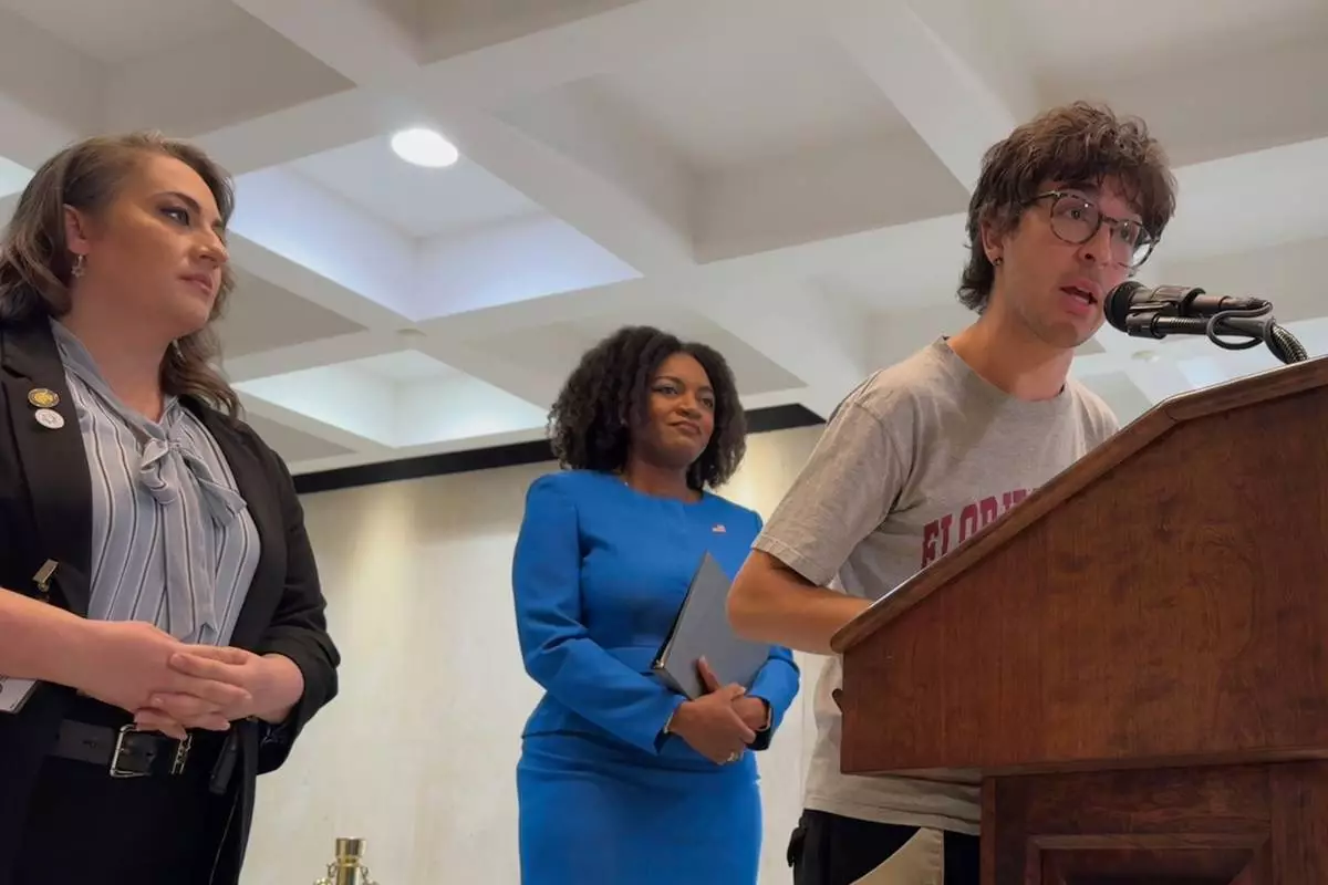 Natanel Mizrahi, a 22-year-old junior at Florida State University, speaks at a news conference in the state capitol in Tallahassee, Fla. alongside Democratic lawmakers on Tuesday, April 22, 2025. (AP Photo/Kate Payne)