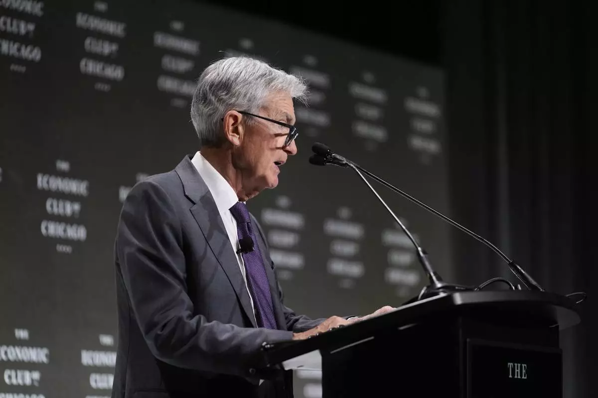 Chair of the Board of Governors of the Federal Reserve System Jerome Powell speaks during an event hosted by the Economic Club of Chicago, Wednesday, April 16, 2025, in Chicago. (AP Photo/Erin Hooley)