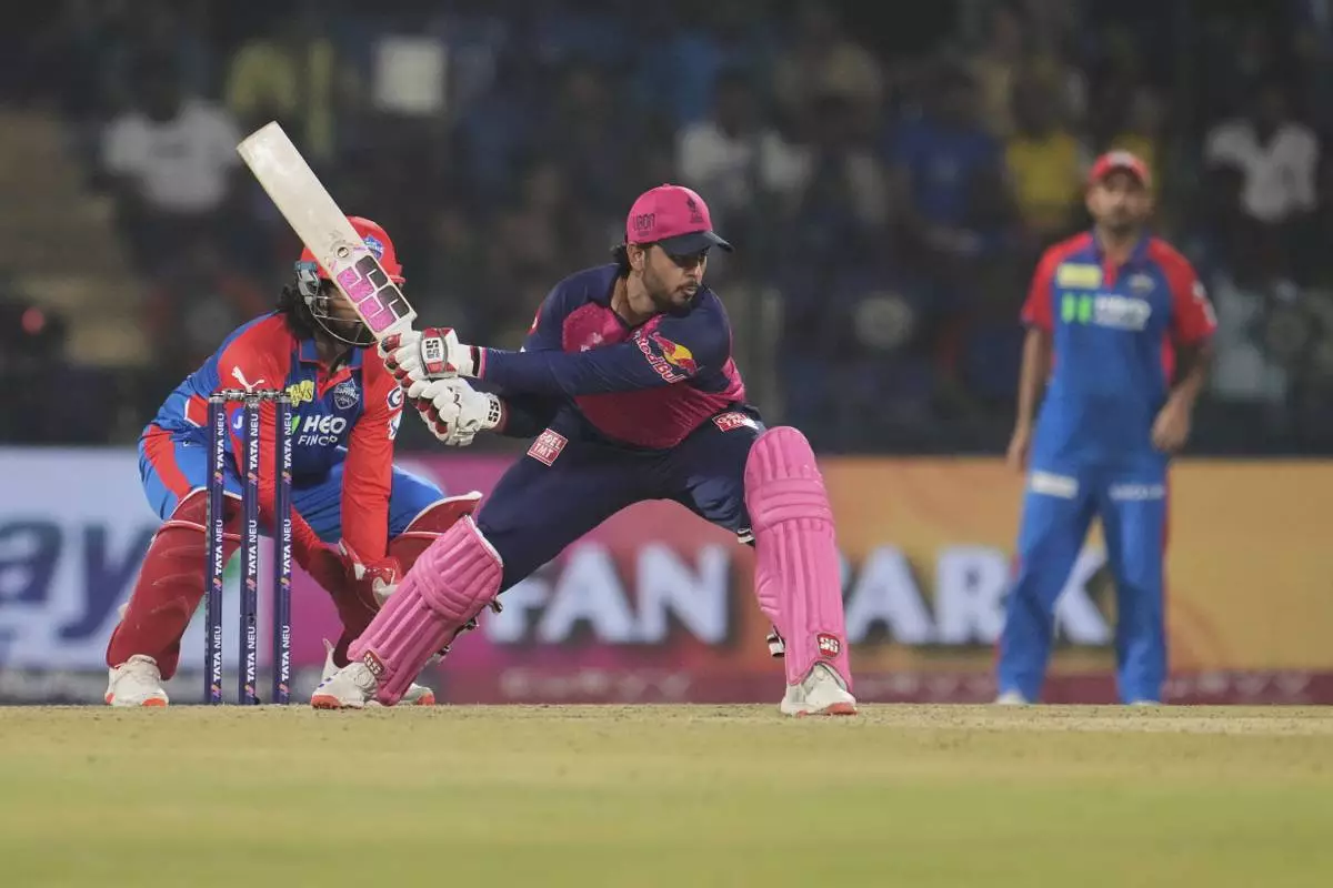 Rajasthan Royals' Nitish Rana bats during the Indian Premier League cricket match between Delhi Capitals and Rajasthan Royals at Arun Jaitley Stadium in New Delhi, India, Wednesday, April 16, 2025. (AP Photo/Manish Swarup)