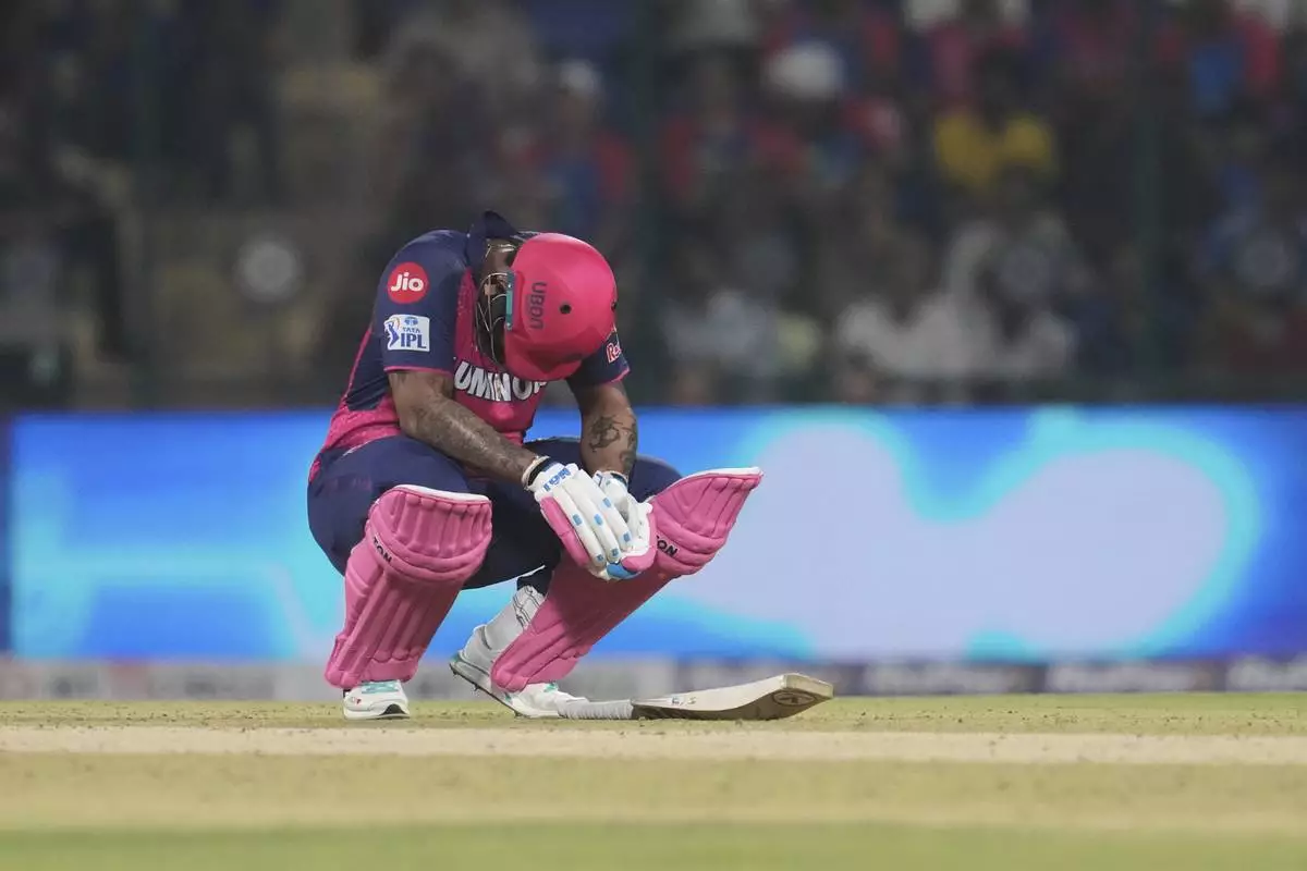 Rajasthan Royals' Shimron Hetmyer reacts during the super over of the Indian Premier League cricket match between Delhi Capitals and Rajasthan Royals at Arun Jaitley Stadium in New Delhi, India, Wednesday, April 16, 2025. (AP Photo/Manish Swarup)