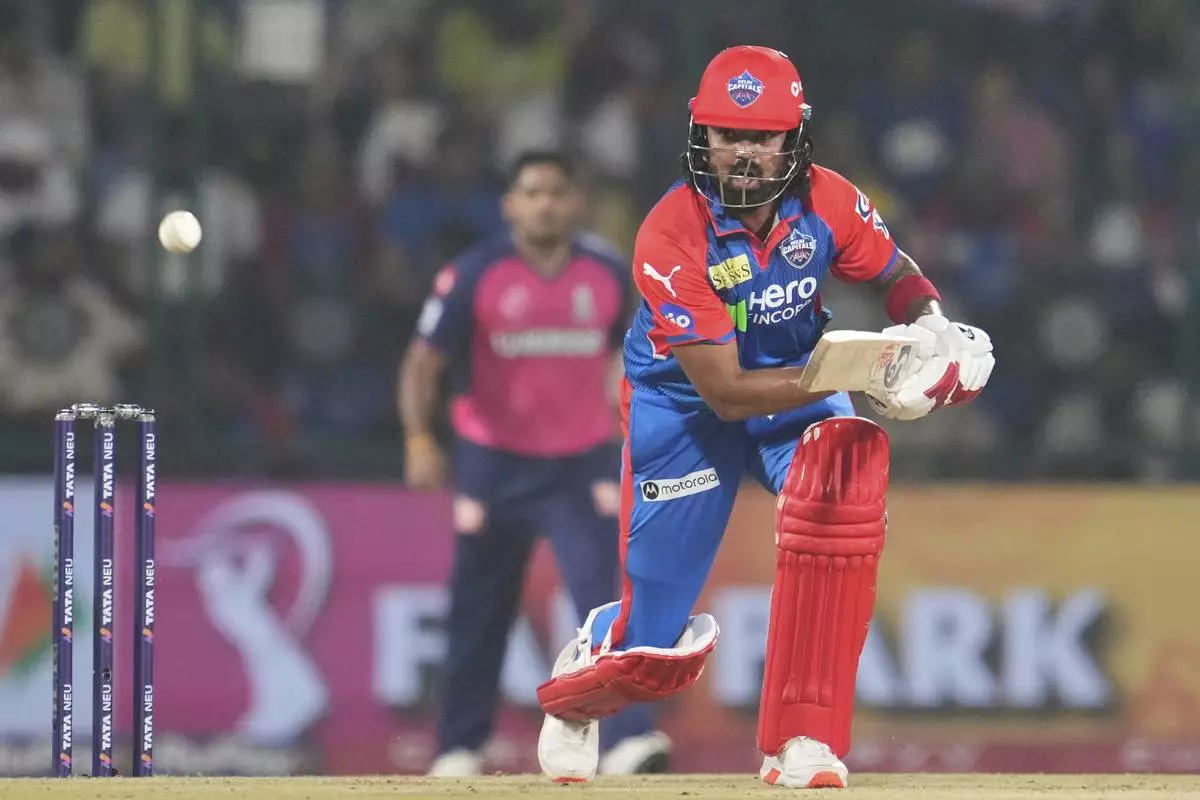 Delhi Capitals' KL Rahul plays a shot during the Indian Premier League cricket match between Delhi Capitals and Rajasthan Royals in Arun Jaitley stadium in New Delhi, India, Wednesday, April 16, 2025.(AP Photo/Manish Swarup)