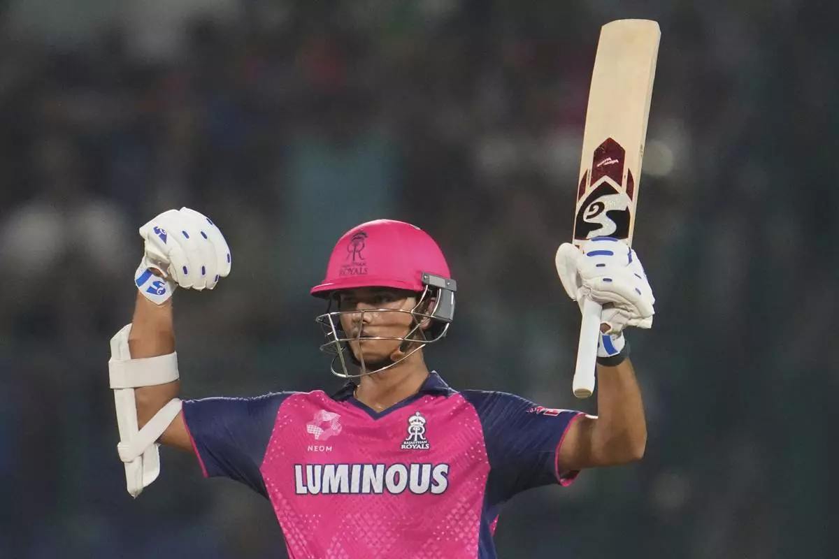 Rajasthan Royals' Yashasvi Jaiswal celebrates after scoring fifty runs during the Indian Premier League cricket match between Delhi Capitals and Rajasthan Royals at Arun Jaitley Stadium in New Delhi, India, Wednesday, April 16, 2025. (AP Photo/Manish Swarup)