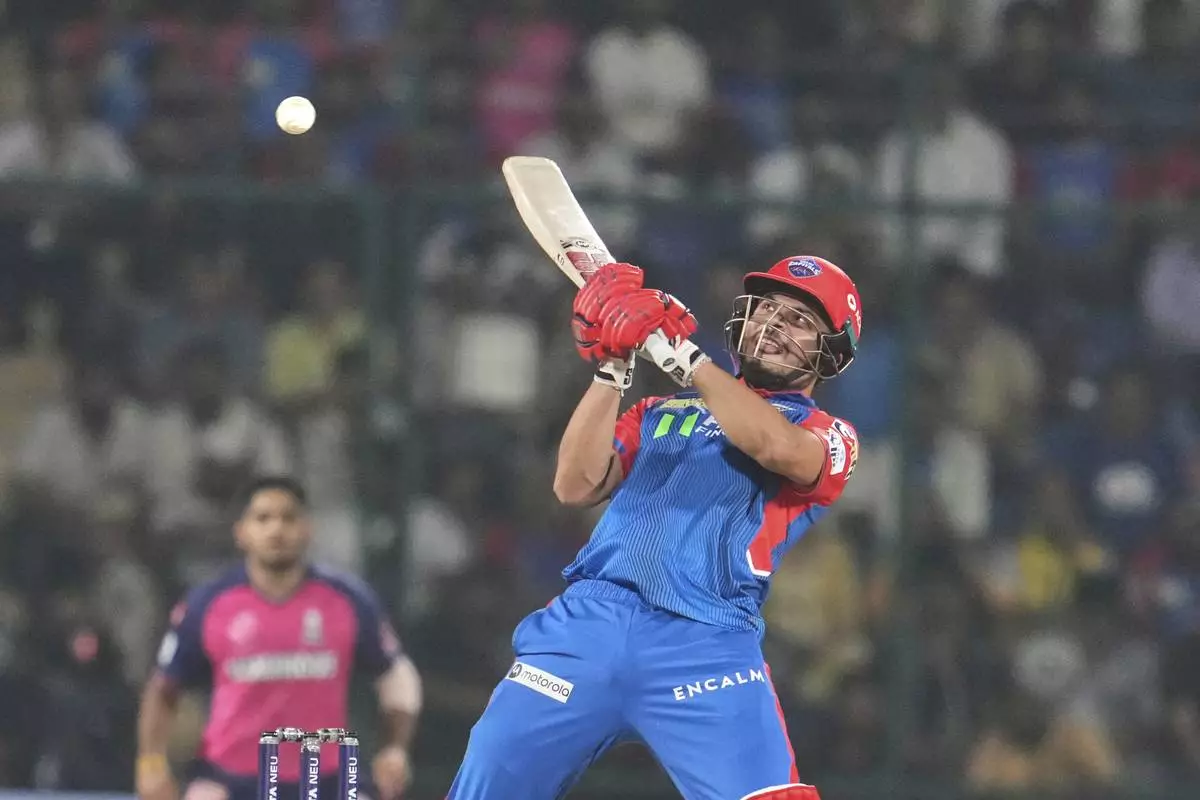 Delhi Capitals' Ashutosh Sharma plays a shot during the Indian Premier League cricket match between Delhi Capitals and Rajasthan Royals in Arun Jaitley stadium in New Delhi, India, Wednesday, April 16, 2025.(AP Photo/Manish Swarup)