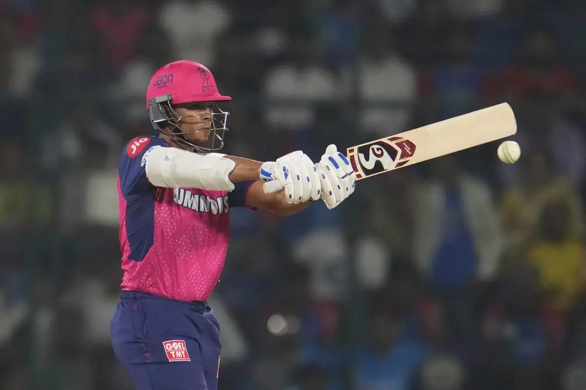 Rajasthan Royals' Yashasvi Jaiswal plays a shot during the Indian Premier League cricket match between Delhi Capitals and Rajasthan Royals at Arun Jaitley Stadium in New Delhi, India, Wednesday, April 16, 2025. (AP Photo/Manish Swarup)