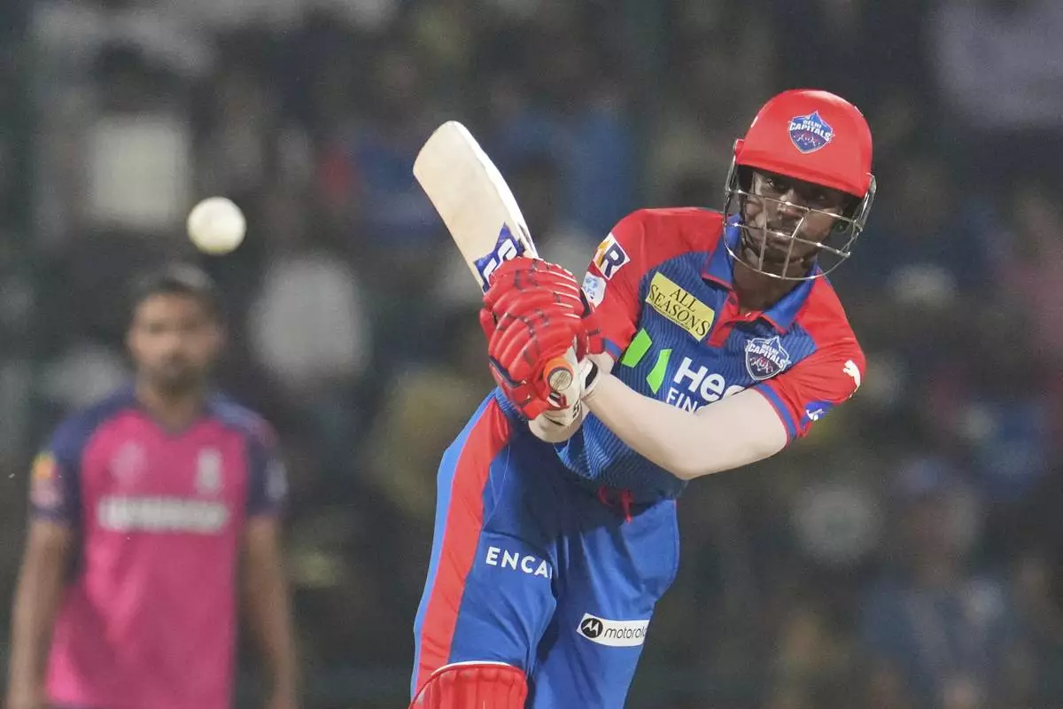 Delhi Capitals' Abishek Porel plays a shot during the Indian Premier League cricket match between New Delhi Capitals and Rajasthan Royals in Arun Jaitley stadium in New Delhi, India, Wednesday, April 16, 2025.(AP Photo/Manish Swarup)